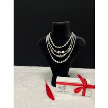 Amor Face Özel Tasarım Silver Deniz Kabukları Detaylı Dörtlü Luxury Kadın Inci Gerdanlık Kolye