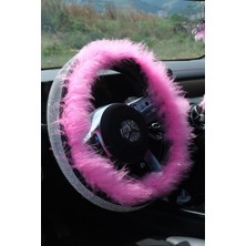 Gümüş Taşlı Direksiyon Kılıfı & Şeker Pembe Tüy