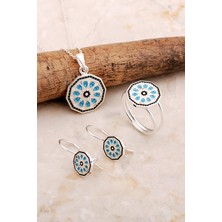 Sümer Telkari Anadolu Motifli Elişi Çiçek Mineli Gümüş Set 2832