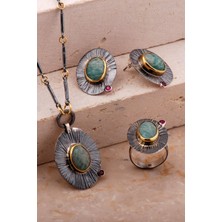 Sümer Telkari Amazonit Taşlı Çekiç Dövme Elişi Tasarım Gümüş Set 2783