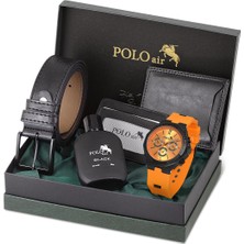 Polo Air Erkek Kombin Kemer Cüzdan Kartlık Parfüm Kol Saati Hediyelik Kutusunda Siyah Set PL-0973E6
