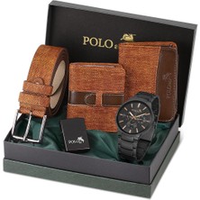 Polo Air Erkek Set Kombin Kemer Cüzdan Kartlık Çakmak Kol Saati Hediyelik Kutusunda Taba Set PL-0966E3