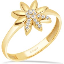 Diamond Line-Gülaylar 8 Ayar Sarı Altın Taşlı Çiçek Yüzük