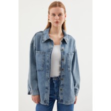 Bigdart 0694 Çift Cepli Kadın Oversize Denim Ceket Buz Mavi %100 Pamuklu Rahat Tasarım