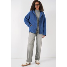 55456 Kadın Kapüşonlu Oversize Peluş Ceket - Saks