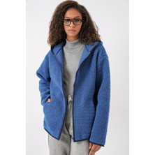 55456 Kadın Kapüşonlu Oversize Peluş Ceket - Saks