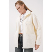 55446 Fermuarlı Oversize Peluş Mont - Bej