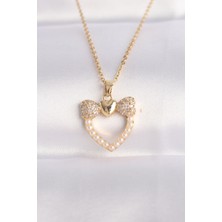 Sinerji Shop 316L Çelik Zincir Altın Renk İnci Taş Detay Zirkon Taşlı Kalp Kolye - TJ-BKO8630