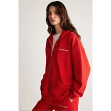 Grimelange Ametıs Kadın Oversize Organik Pamuklu Metal Fermuarlı Kapüşonlu Kırmızı Sweatshirt