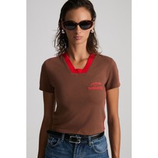 Ethiquet ARIANWEN Kadın %100 Pamuk Dekoratif triko Yakalı Nakışlı Crop Kısa Kollu Kahverengi T-Shirt