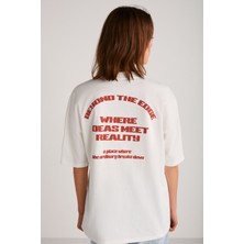 Grimelange Arcadıa Kadın Arka Ve Önü Yazi Detaylı %100 Organik Pamuklu Ekru/kırmızı T-shirt