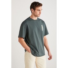Antonıo Erkek Baskı Detaylı %100 Organik Pamuk Örme Oversize Yeşil T-shirt