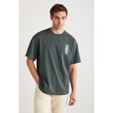 Antonıo Erkek Baskı Detaylı %100 Organik Pamuk Örme Oversize Yeşil T-shirt
