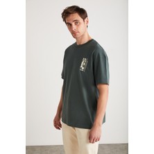 Antonıo Erkek Baskı Detaylı %100 Organik Pamuk Örme Oversize Yeşil T-shirt