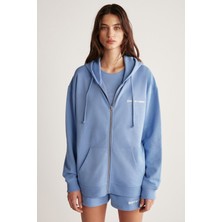 Grimelange Ametıs Kadın Oversize Organik Pamuklu Metal Fermuarlı Kapüşonlu Mavi Sweatshirt