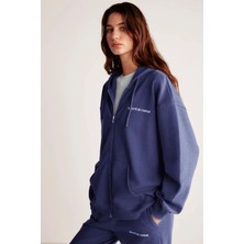 Grimelange Ametıs Kadın Oversize Organik Pamuklu Metal Fermuarlı Kapüşonlu Lacivert Sweatshirt