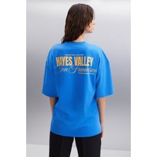 Grimelange Gıllıan Kadın Ön Ve Arka Baskı Detaylı Oversize &100 Organik Pamuklu Parlament Mavi T-shirt