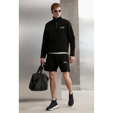 Grimelange Halden Erkek Içi Polarlı Dik Yaka Yarım Fermuarlı Baskı Detaylı Regular Siyah Sweatshirt