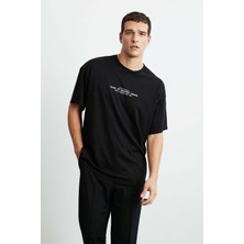 Grimelange Frank Erkek Kalın Dokulu Baskı Detaylı Oversize &100 Organik Pamuklu Siyah T-shirt