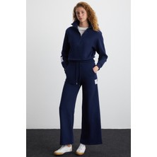 Grimelange Laury Kadın Organik Pamuklu Yumuşacık Geniş Paça Regular Etiket Detaylı Lacivert Eşofman Altı