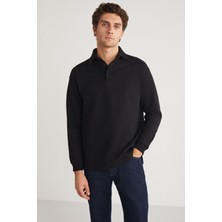 Grimelange JOHN Erkek Polo Sweat Gömlek Yakalı Arkası Uzun Yırtmaçlı Diagonel Kumaşlı Siyah Sweatshirt