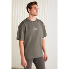 Grimelange Vıto Erkek %100 Organik Pamuklu Nakış Yazı Detaylı Oversize Bol Kesim Kısa Kollu Gri T-shirt