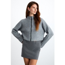 Grimelange Siena Kadın Hafif Yüksek Yaka Duble Kol Kontrast Parçalı Yumuşacık Pofuduk Triko Grimelanj Kazak