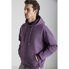 Grimelange Erkek Içi Polarlı Organik Pamuklu Regular Kanguru Cepli Kapüşonlu Mor Sweatshirt
