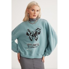 Grimelange Raketı Kadın Içi Polarlı Yumuşacık Bisiklet Yaka Biye Ve Parça Baskılı Relaxed Yeşil Sweatshirt