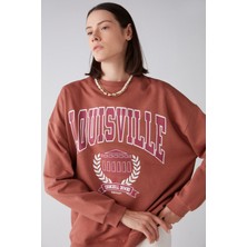 Grimelange Ramona Kadın Oversize Yumuşak Içi Polar Organik Pamuklu Baskı Yuvarlak Yaka Kiremit Rengi Sweatshirt