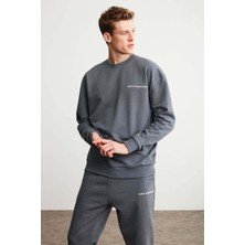 Grimelange Raırok Erkek Içi Polarlı Comfort Oversize Nakışlı Koyu Gri Sweatshirt