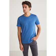 Grimelange Mıchel Erkek Slim Fit Dar Kesim %100 Organik Pamuklu Yana Kayan Dikişli Basic Örme Mavi T-shirt