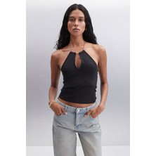 Grimelange Ondıne Kadın Zincir Yaka Detaylı Slim Fit Kolsuz Siyah Bluz