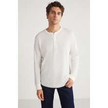 Grimelange Patrıck Erkek Triko Waffle Özel Dokulu Kalın Premium Kumaşlı Düğme Detaylı Beyaz T-shirt