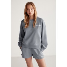 Grimelange Jennıfer Kadın Organik Pamuklu Nakışlı Yuvarlak Yakalı Oversize Gri Sweatshirt
