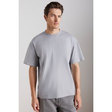 Grimelange Jett Erkek Oversize Fit %100 Organik Pamuk Kalın Dokulu Bisiklet Yakalı Gri T-shirt
