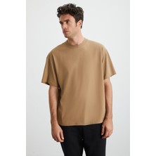 Grimelange Jett Erkek Oversize Fit %100 Organik Pamuk Kalın Dokulu Bisiklet Yakalı Vizon T-shirt