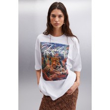 Grimelange Aılıs Kadın %100 Pamuk Oversize Fit Baskılı Beyaz T-shirt