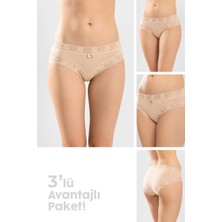 Kadın Pamuklu Dantelli Bikini Kesim Düz Külot 3'lü Paket Ten Rengi