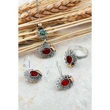 Sümer Telkari Kök Yakut Taşlı Laleli Telkari Elişi Gümüş Set 2384