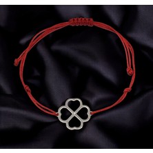 G&A Jewels 925 Ayar Gümüş ve Pırlanta Taşlı Kalpli Yonca Kırmızı Ipli Bileklik