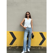 Kadın Yüksek Bel Düz Paça Mavi Jean Pantolon