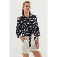 20243 Önü Bağlamalı Desenli Gömlek - Siyah