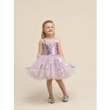 Kız Çocuk Pul Işlemeli Tül Detaylı Kelebek Tasarımlı Abiye Elbise