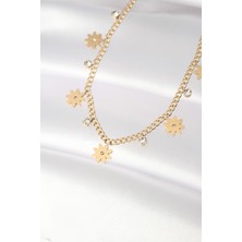 Sinerji Shop 316L Çelik Taşlı Gold Renk Çoklu Çiçek Kolye - TJ-BKO8480