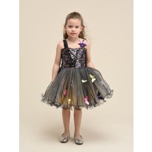 Kız Çocuk Pul Işlemeli Tül Detaylı Kelebek Tasarımlı Abiye Elbise