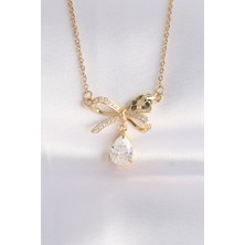 Sinerji Shop 316L Çelik Zincir Altın Renk Zirkon Taşlı Damla Detay Fiyonk Kolye - TJ-BKO8690