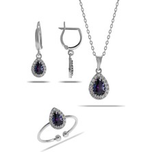Sümer Telkari Mistik Topaz Taşlı Damla Mini Rodyumlu Gümüş Set