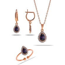 Sümer Telkari Mistik Topaz Taşlı Damla Mini Rose Gümüş Set 2305