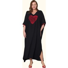 Keyifli Moda Kadın Siyah V Yaka Kalp Nakışlı Cepli Oversize Uzun Elbise